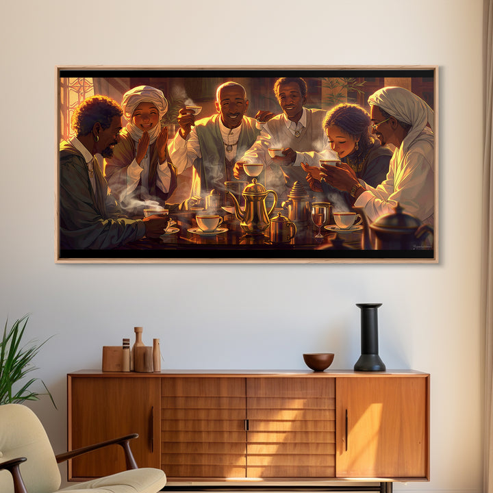 Joyful African Family Tea Gathering Wall Art, Black Culture Art Print, Warm Afrocentric Home Decor For Kitchen Or Dining Room