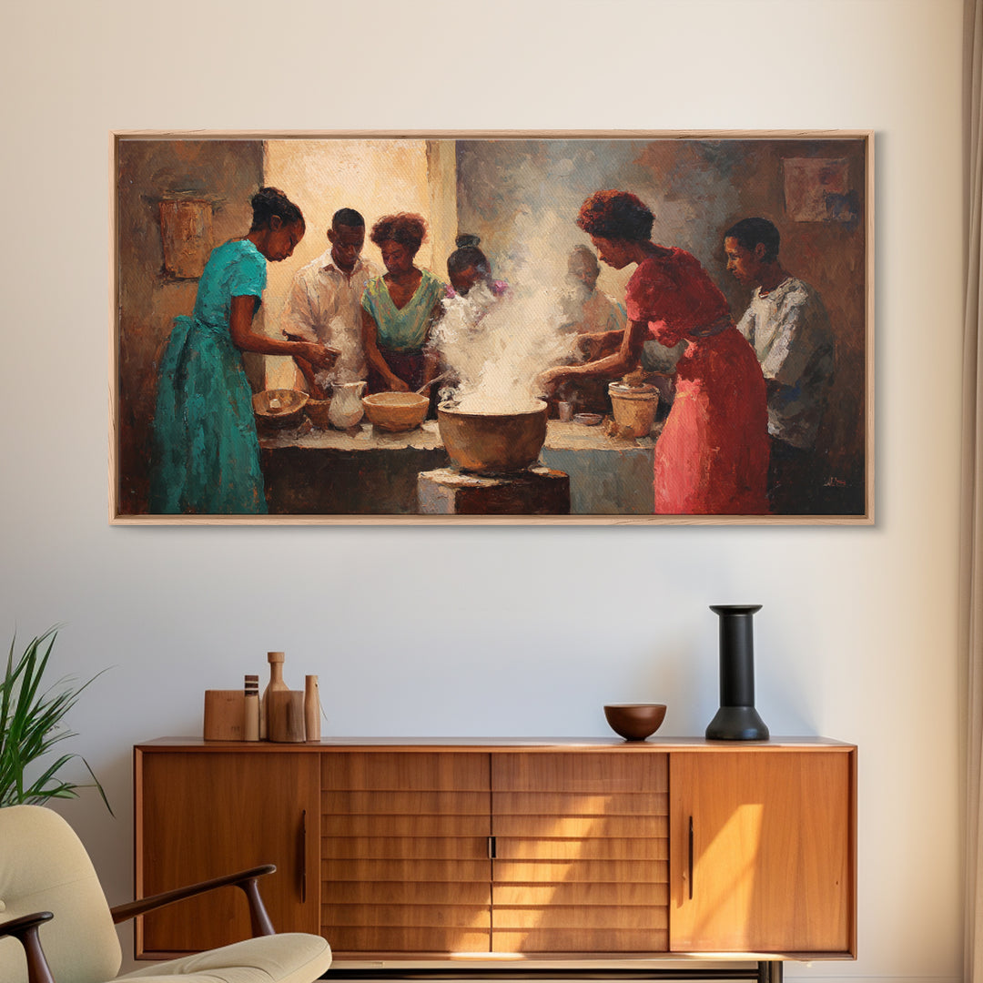 Community Cooking With Steaming Pot Wall Art, African American Art, Black Family Kitchen Decor, Cultural Home Decor Gift