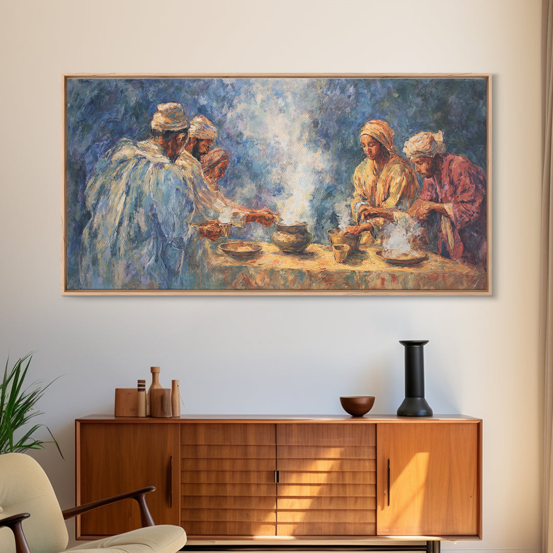 Traditional African Tea Ceremony Framed Canvas Print, Blue Robe Gathering Painting, Cultural Wall Decor For Boho Living Room