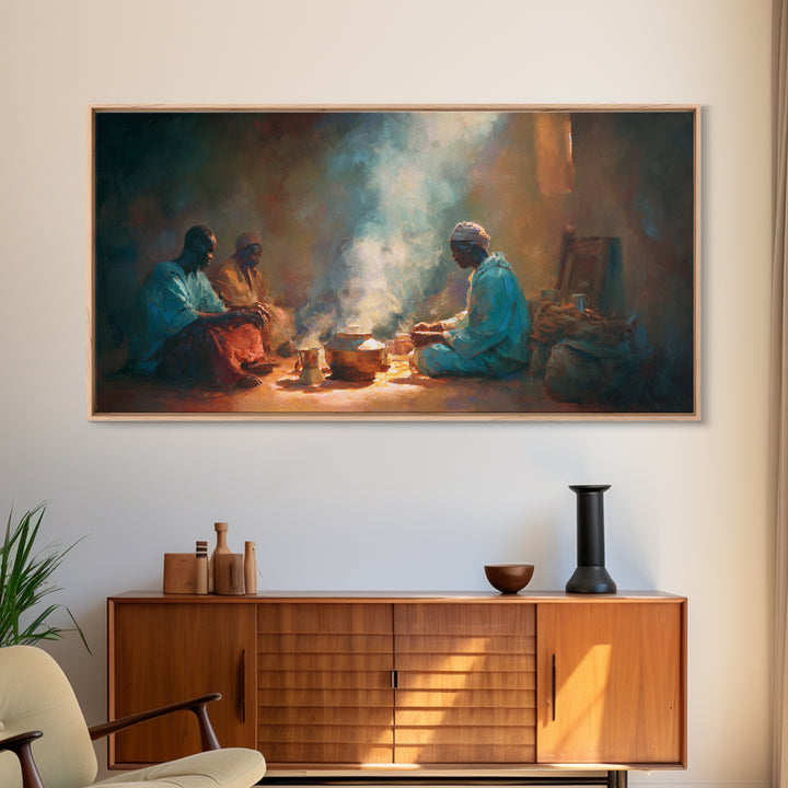 Smoky Hearth Tea Gathering Canvas Print, African Men In Blue Robes, Spiritual Culture Wall Art For Rustic Living Room Decor