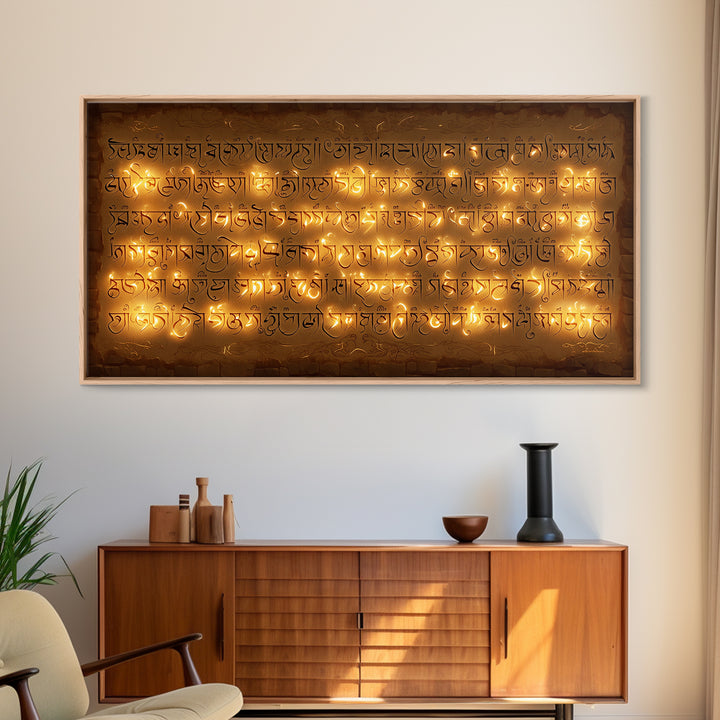 Glowing Ancient Script Wall Art, Spiritual Gold Calligraphy Stone Tablet, Cultural Art Print For Meditation Room Home Decor