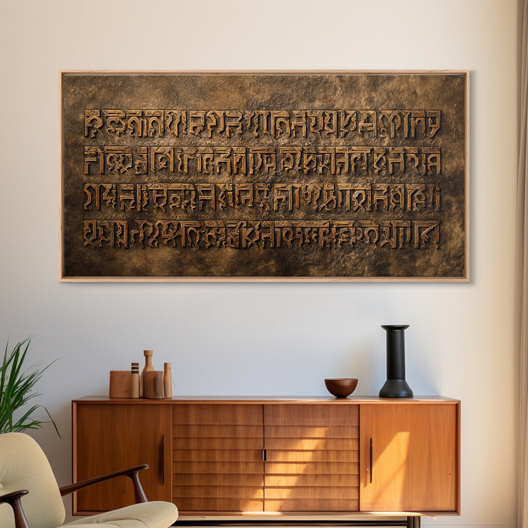 Engraved Ancient Script Canvas Print, Earth Tone Stone Calligraphy Wall Decor, Spiritual Cultural Art For Office Or Study