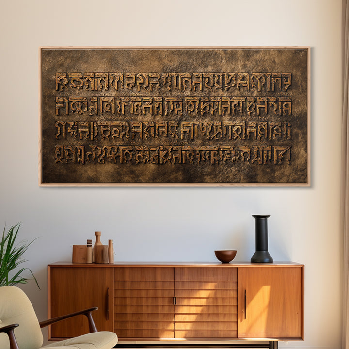 Engraved Ancient Script Canvas Print, Earth Tone Stone Calligraphy Wall Decor, Spiritual Cultural Art For Office Or Study
