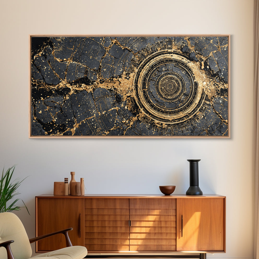 Cracked Obsidian Gold Mandala Canvas Print, African Abstract Art, Geometric Wall Decor, Luxury Modern Home Decor Gift For Him