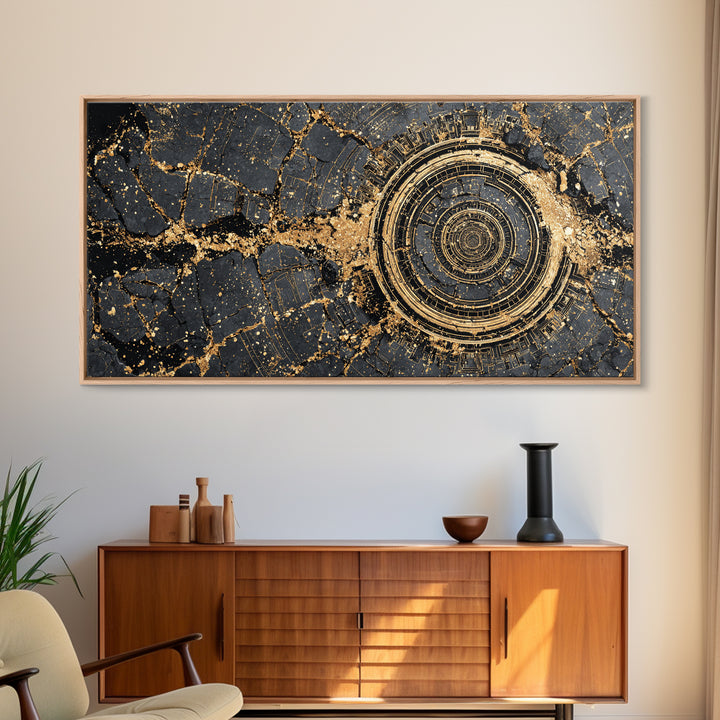 Cracked Obsidian Gold Mandala Canvas Print, African Abstract Art, Geometric Wall Decor, Luxury Modern Home Decor Gift For Him