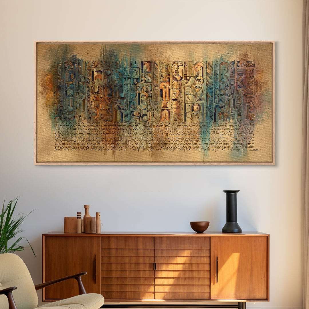 Weathered Glyph Panels Wall Art, African Inspired Hieroglyphic Abstract, Teal Rust Cultural Decor, Ancient Canvas Gift For Home
