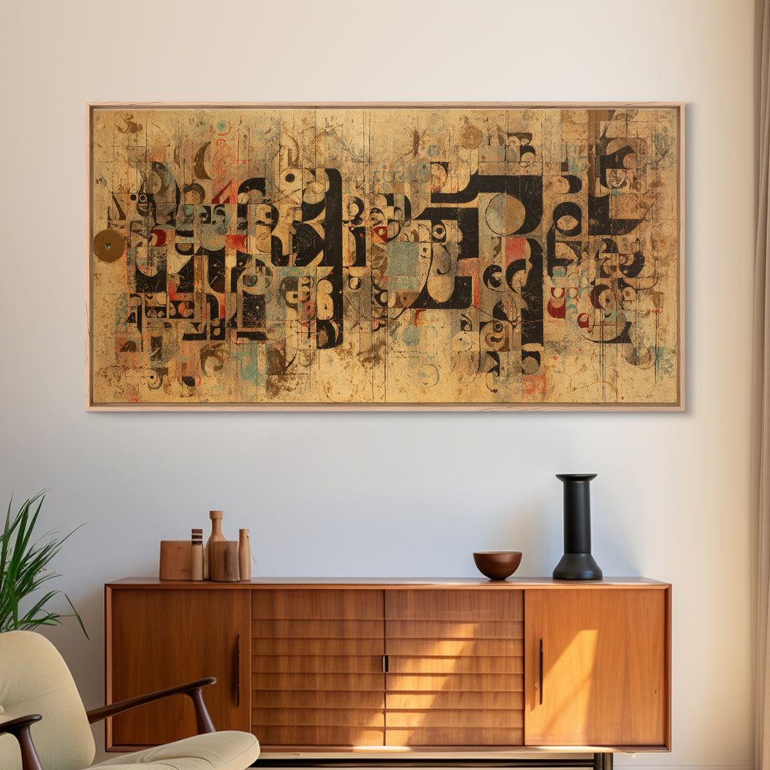 Modern Glyph Collage Canvas Print, African Abstract Art, Mid Century Geometric Wall Decor, Boho Cultural Home Decor Gift