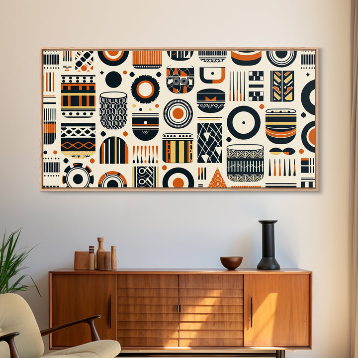 African Tribal Pattern Canvas Print, Black Orange Textile Wall Art, Afrocentric Geometric Decor, Boho Home Decor Gift For Living Room