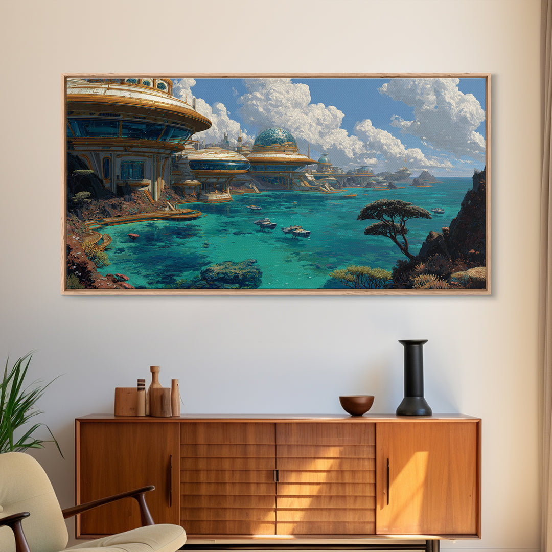 Afrofuturism Ocean City Framed Canvas Print, Futuristic African Coastal Wall Art, Turquoise Sci Fi Home Decor Gift For Office