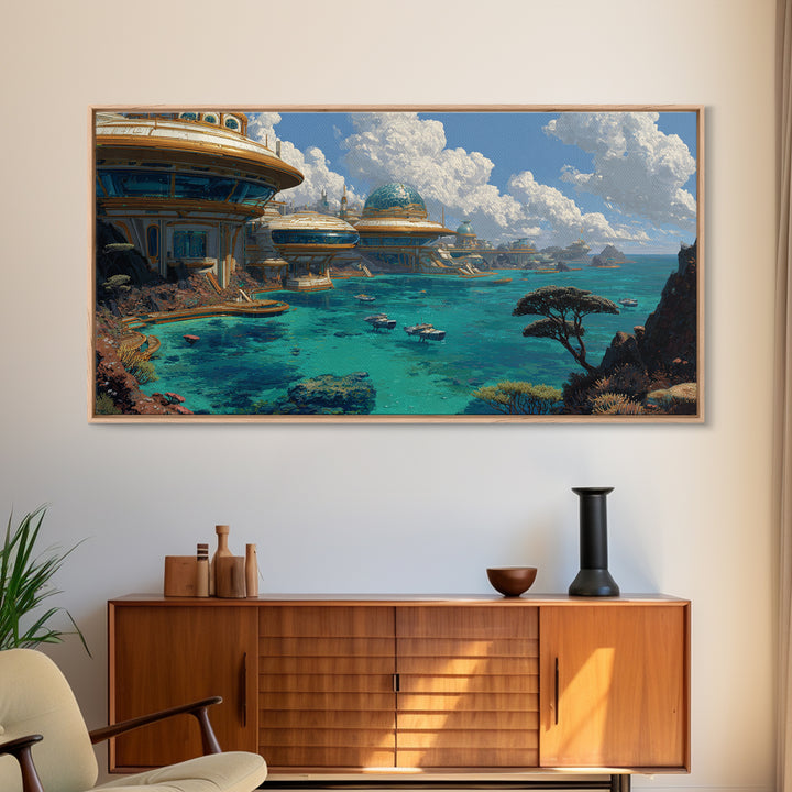 Afrofuturism Ocean City Framed Canvas Print, Futuristic African Coastal Wall Art, Turquoise Sci Fi Home Decor Gift For Office