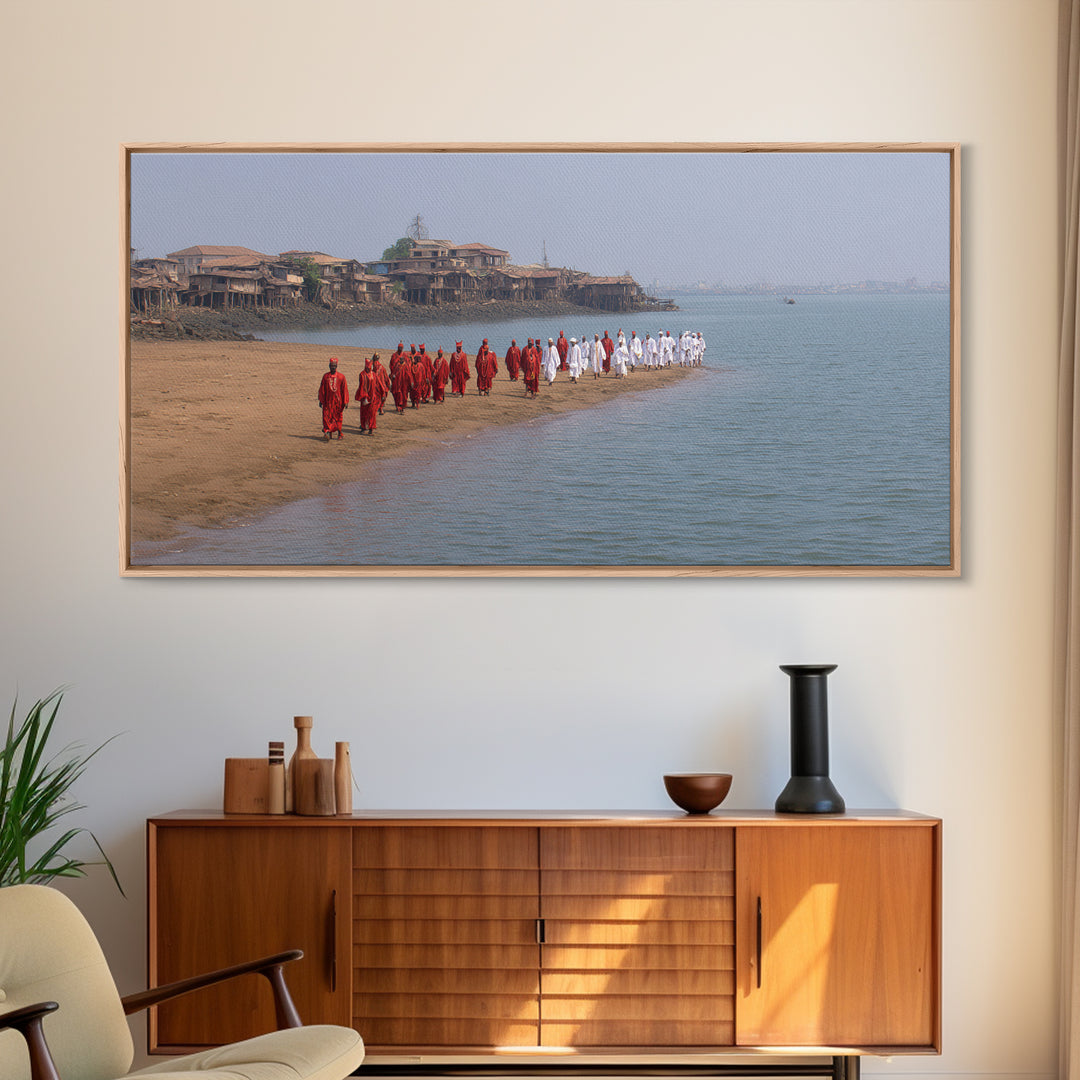 Red And White Beach Procession Wall Art, African Coastal Ceremony Canvas Print, Cultural Travel Decor For Living Room Gift