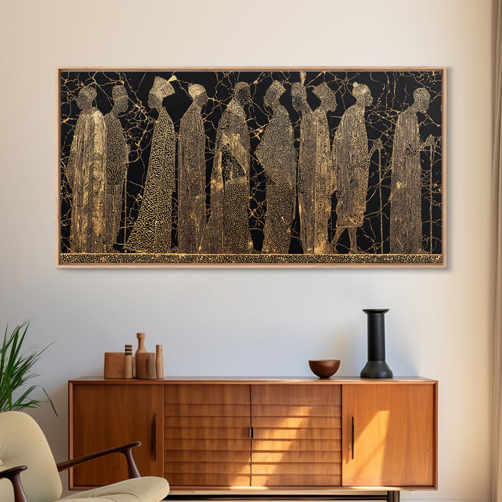 Gold African Women Silhouette Wall Art, Black And Gold Canvas Print, Elegant Feminine Afrocentric Decor For Living Room Gift
