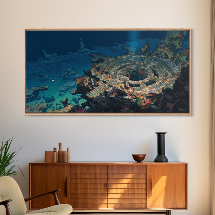 Underwater Futuristic City Wall Art, Sci Fi Ocean Ruins Canvas Print, Afrofuturism Decor, Blue Digital Art For Office Decor