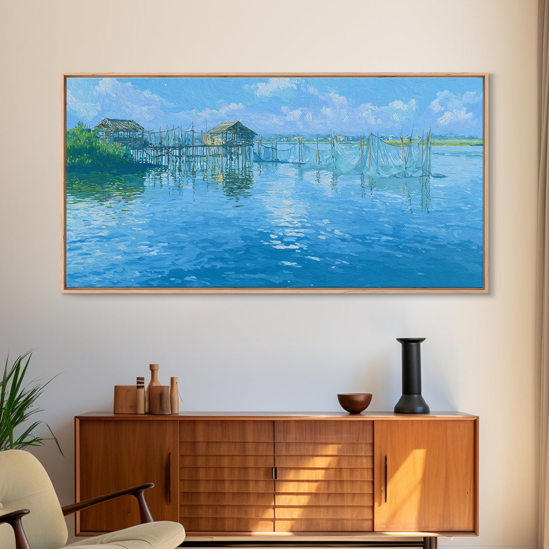 Blue Coastal Fishing Village Wall Art, Serene Water Landscape Canvas Print, Beach Art, Nature Scene Art, Living Room Decor