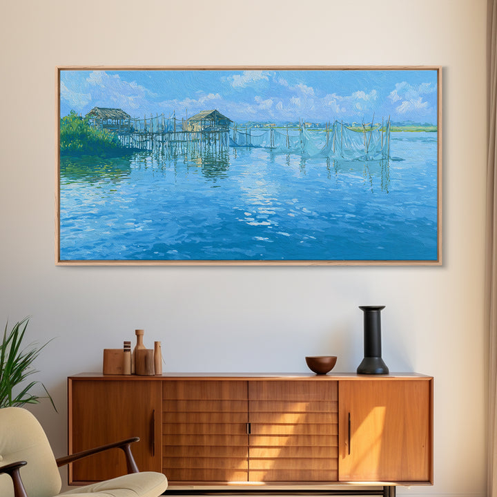 Blue Coastal Fishing Village Wall Art, Serene Water Landscape Canvas Print, Beach Art, Nature Scene Art, Living Room Decor