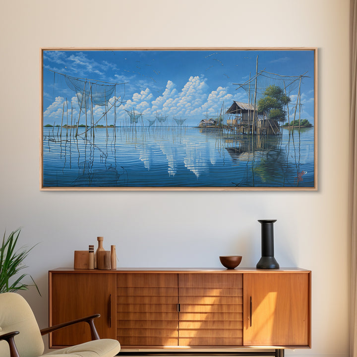 Calm Lake Fishing Nets Wall Art, Blue Sky Reflections Canvas Print, Coastal Landscape, Nature Scene Art, Serene Home Decor