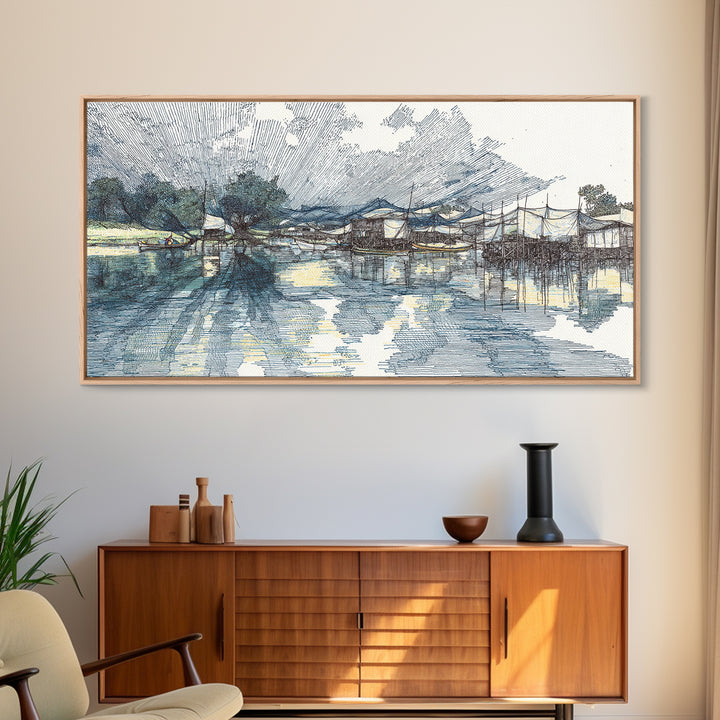 Ink Sketch Fishing Harbor Wall Art, Blue Coastal Village Canvas Print, Minimalist Art, Water Reflection, Office Decor Gift
