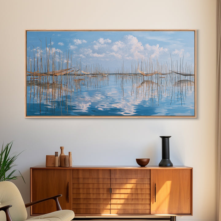 Peaceful Bamboo Fishing Poles Wall Art, Blue Water Landscape Canvas Print, Coastal Nature Scene Art, Elegant Living Room Decor