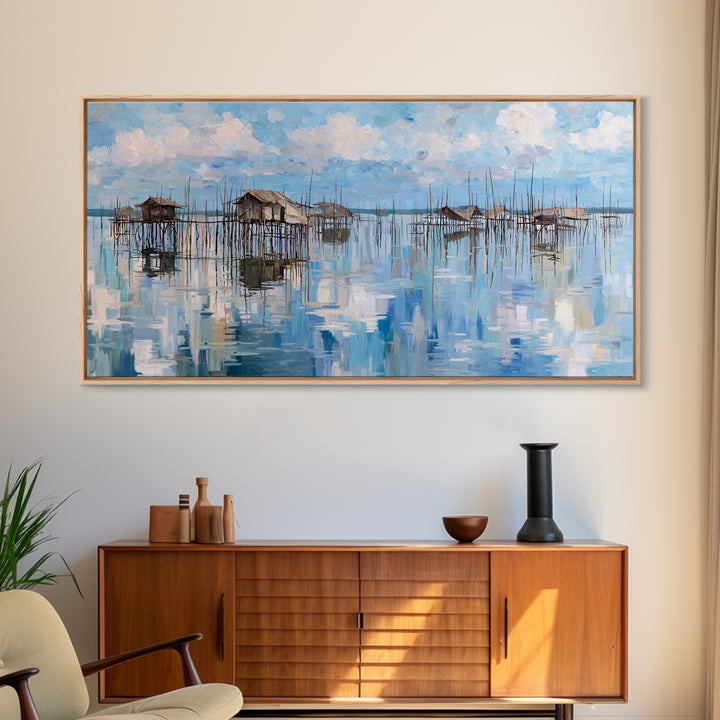Blue Stilt Village Seascape Reflections Wall Art, Coastal Water Village Canvas Decor, Serene Sky Painting, Living Room Decor