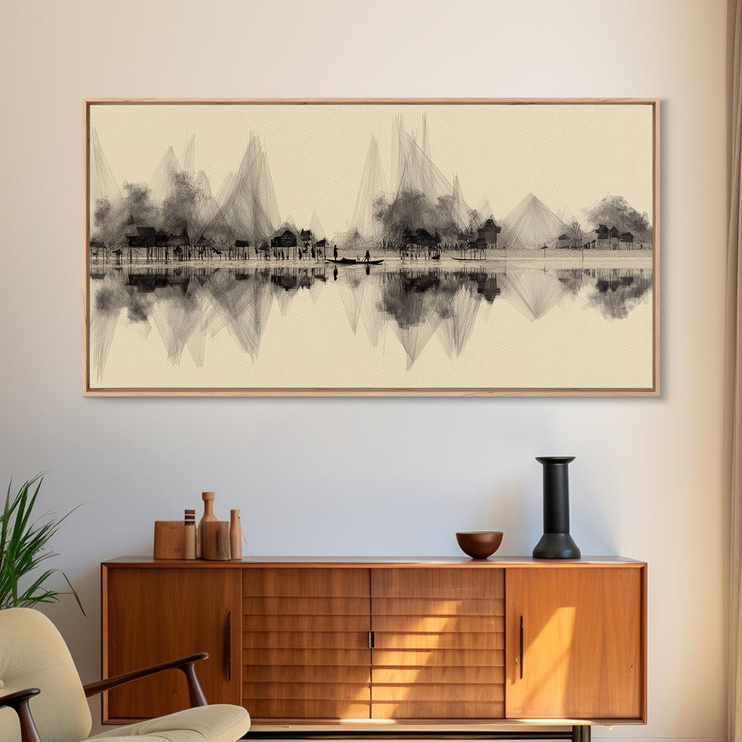 Sepia Ink Lakeside Village Reflections Wall Art, Minimalist Landscape Print, Serene Neutral Decor, Gallery Style Home Decor