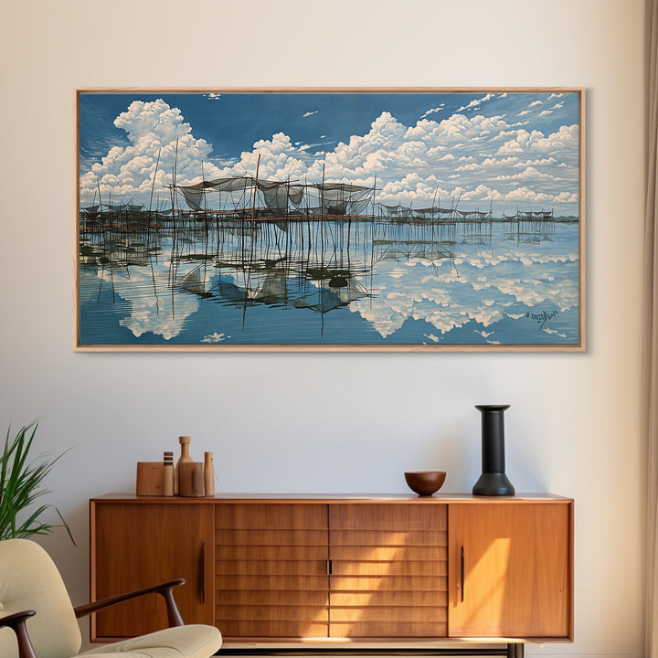 Bright Stilt House Lagoon Reflections Canvas Print, Coastal Sky Wall Decor, Blue Water Landscape Art, Serene Living Room Decor