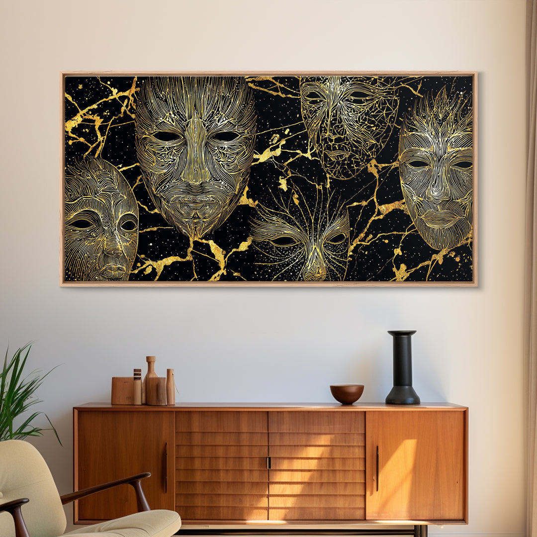 Gold Line African Mask Wall Art, Black And Gold Tribal Art Print, Abstract African Art Decor, Afrocentric Statement Decor