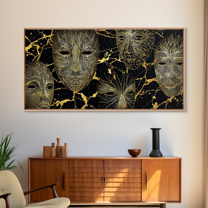 Gold Line African Mask Wall Art, Black And Gold Tribal Art Print, Abstract African Art Decor, Afrocentric Statement Decor