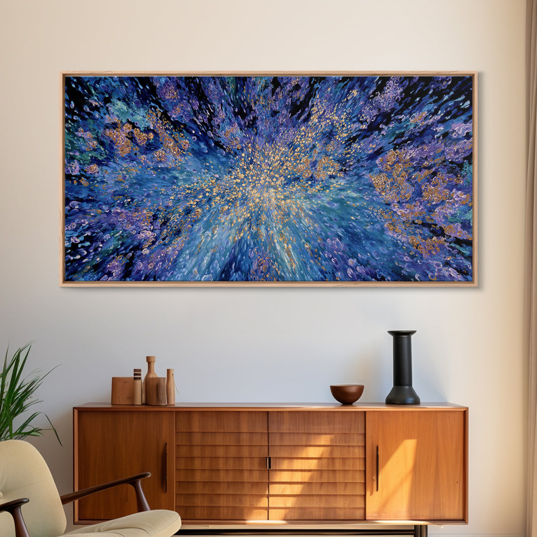 Blue Gold Cosmic Abstract Wall Art, Explosive Modern Canvas Decor, Textured Art Print, Dreamy Statement Living Room Decor