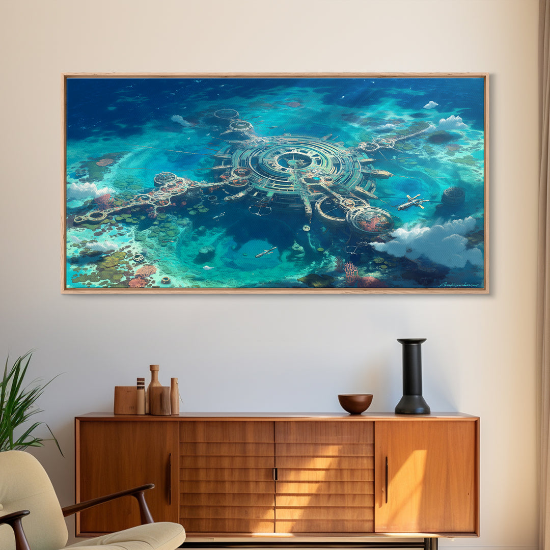 Futuristic Ocean City Aerial Canvas Print, Turquoise Sci Fi Island Wall Decor, Modern Digital Art, Unique Coastal Home Decor
