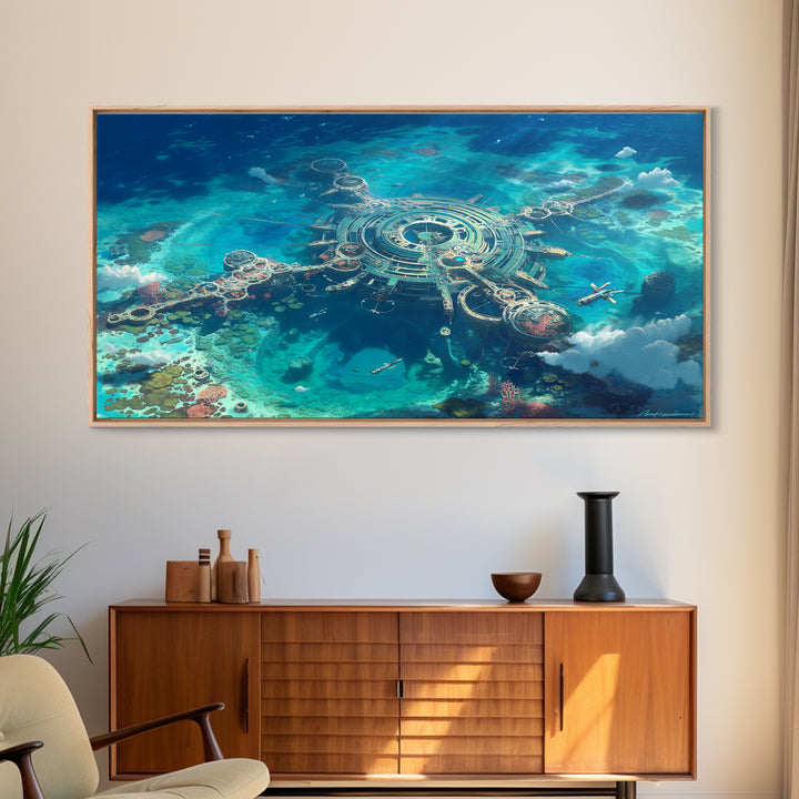 Futuristic Ocean City Aerial Canvas Print, Turquoise Sci Fi Island Wall Decor, Modern Digital Art, Unique Coastal Home Decor