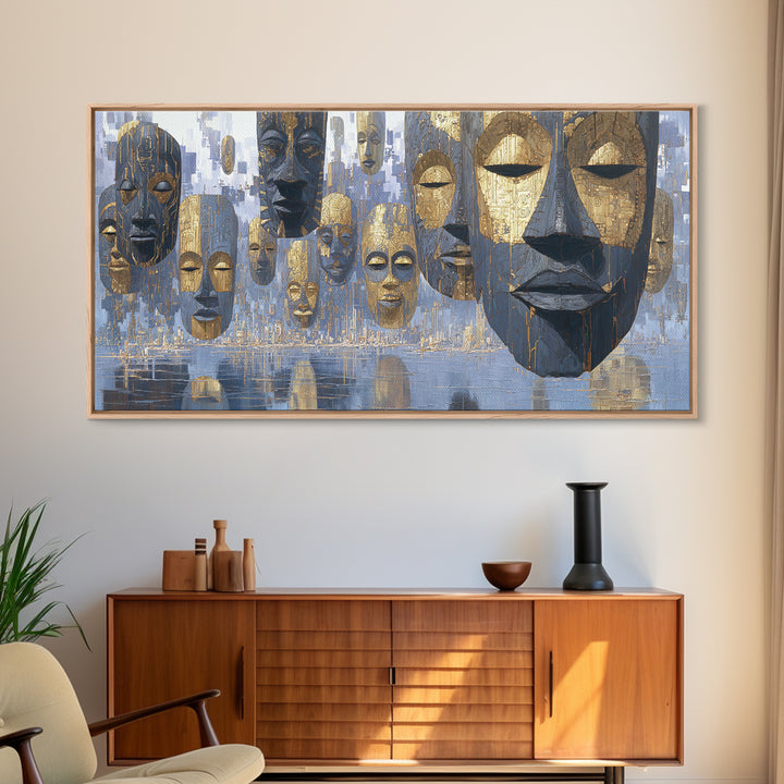 Floating African Mask Framed Canvas Print, Blue Gold Tribal Wall Decor, Modern African Art, Afrocentric Living Room Decor