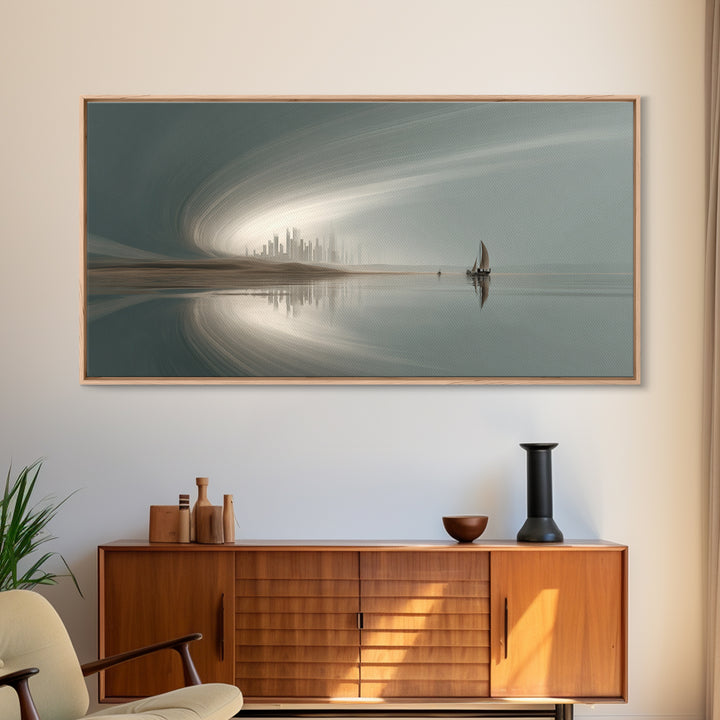 Misty Futuristic Sailboat Wall Art, Serene Coastal Skyline, Modern Minimalist Decor, Dreamy Landscape, Luxury Canvas Print
