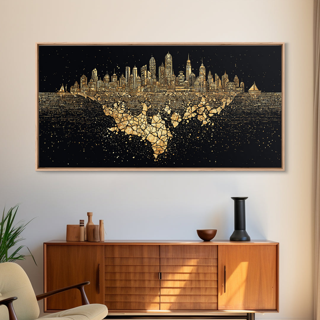 Gold Floating Skyline Wall Art, Black And Gold Art, Modern Cityscape Poster, Abstract Urban Decor, Statement Canvas Print