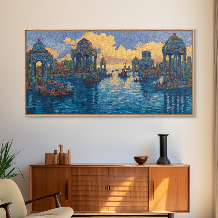 Blue Golden Temple Canal Wall Art, Ancient City Landscape, Cultural Art Print, Dreamy Water Decor, Contemporary Canvas Print