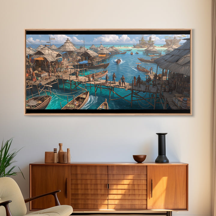 Tropical Stilt Village Wall Art, African Coastal Harbor, Fishing Boats, Teal Water Decor, Safari Travel Canvas Print, Unique Home Decor