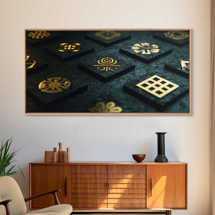 Gold Adinkra Symbols Wall Art, African Patterns Decor, Black And Gold Design, Spiritual Cultural Art, Framed Canvas Print
