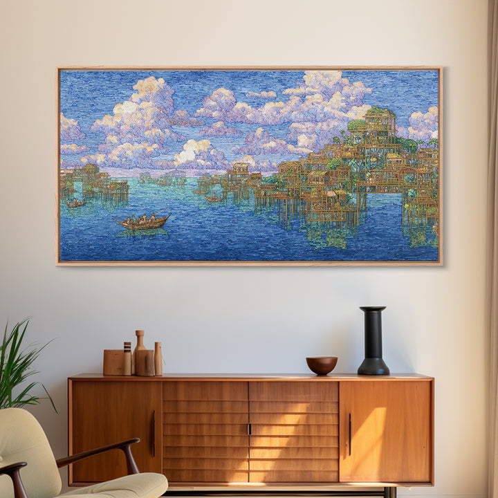 Ocean Stilt Village Wall Art, Blue Coastal Landscape, African Inspired Fishing Boats, Dreamy Clouds, Premium Canvas Print