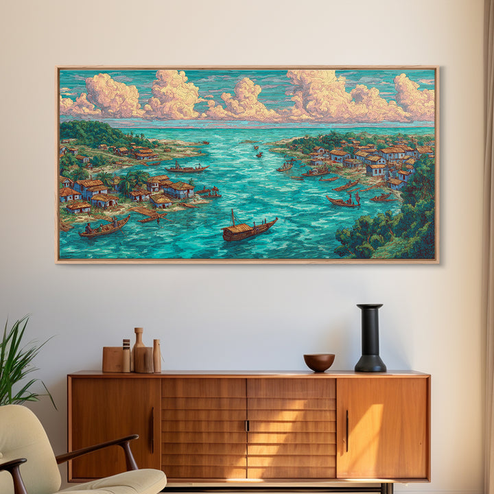 Turquoise Island Fishing Village Wall Art, African Coastal Landscape, Teal Water Decor, Nature Scene Art, Canvas Print Gift