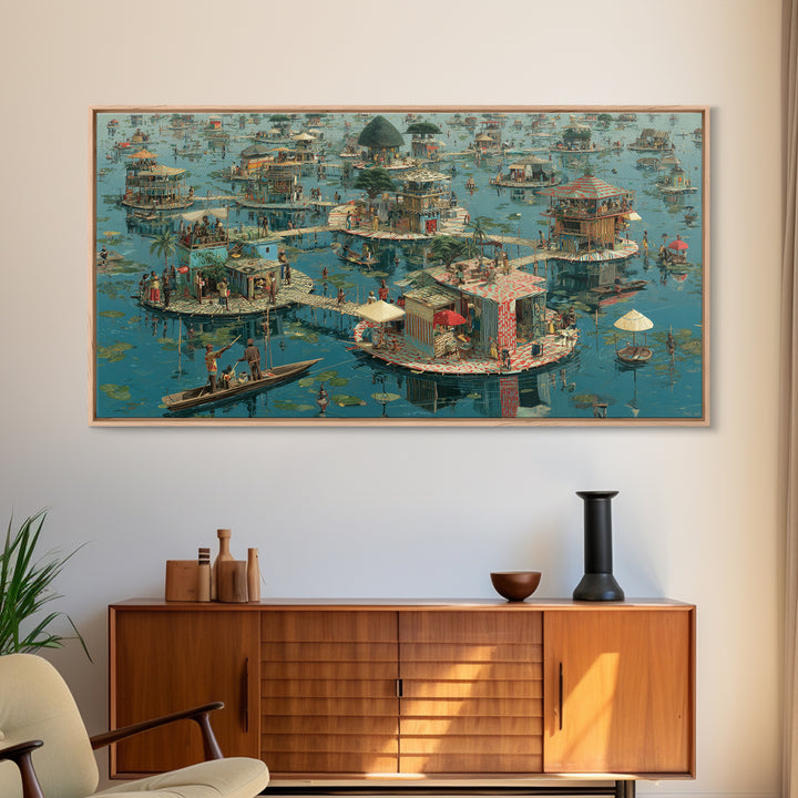 Floating Wetland Village Wall Art, African Water Landscape, Round Island Homes, Boho Coastal Decor, Unique Canvas Print Gift