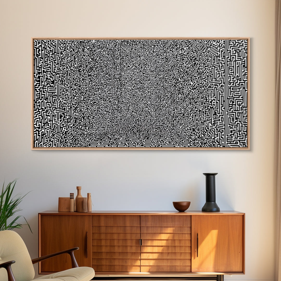 Black And White Optical Maze Room Wall Art, Abstract Geometric Pattern Print, Modern Minimalist Office Decor, Bold Canvas