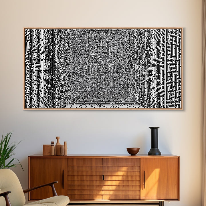 Black And White Optical Maze Room Wall Art, Abstract Geometric Pattern Print, Modern Minimalist Office Decor, Bold Canvas