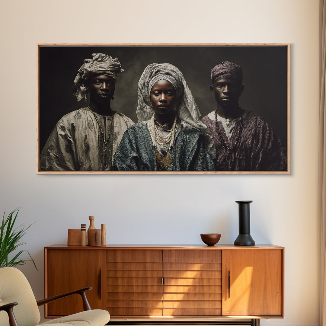 Regal African Trio Portrait Framed Canvas Print, Traditional Headwraps, Afrocentric Wall Decor, Black Culture Portrait Art Gift