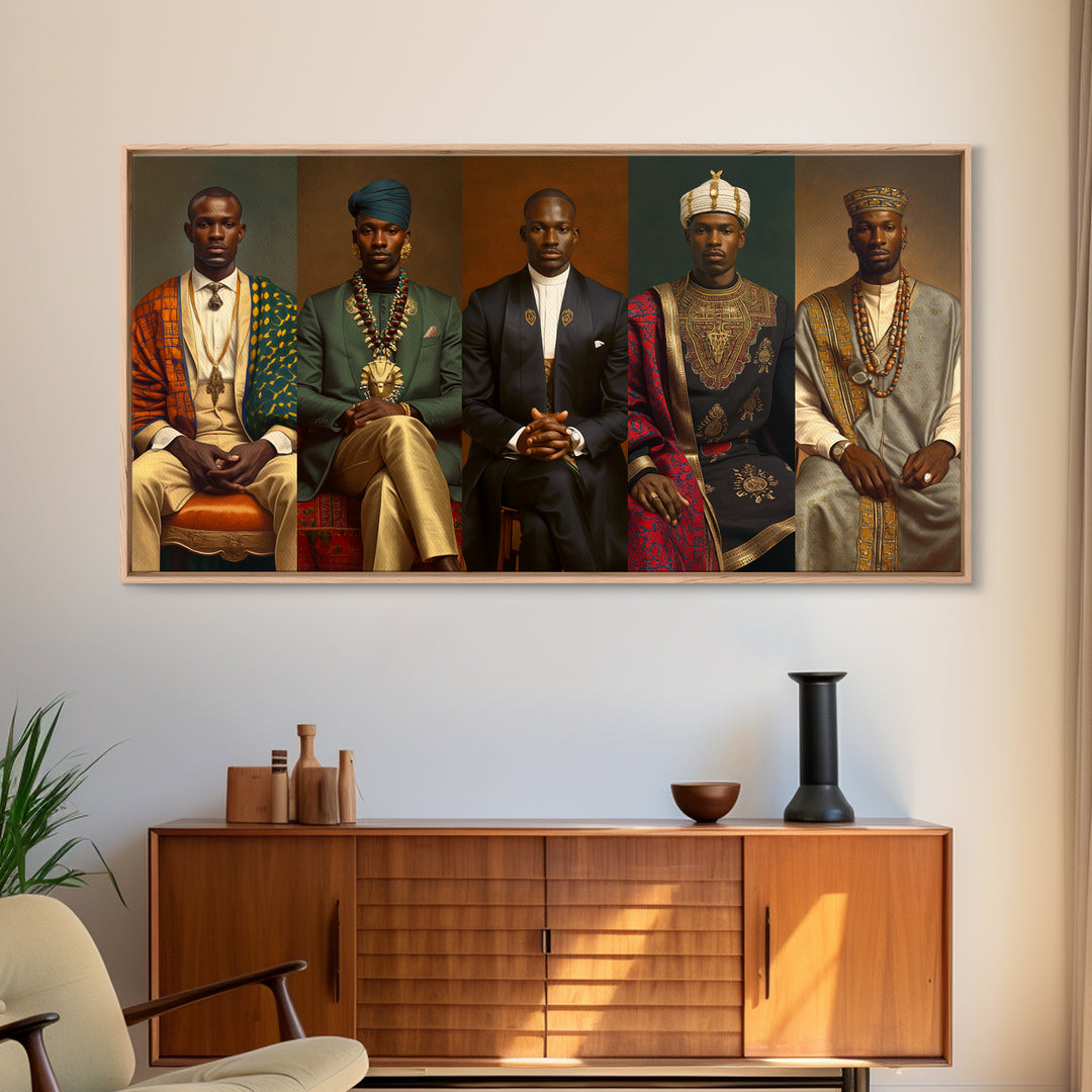 Five Regal African Kings Framed Canvas Print, Royal Portrait Wall Art, Black Men Cultural Decor, Afrocentric Home Decor Gift