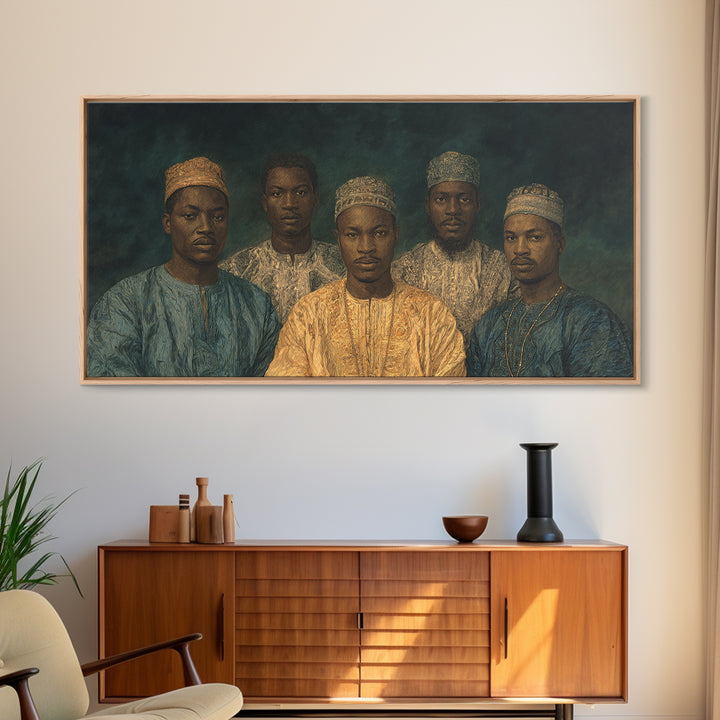 Five African Men In Gold Caps Framed Canvas Print, Textured Royal Portrait Wall Art, Blue Earth Tone Cultural Decor Gift