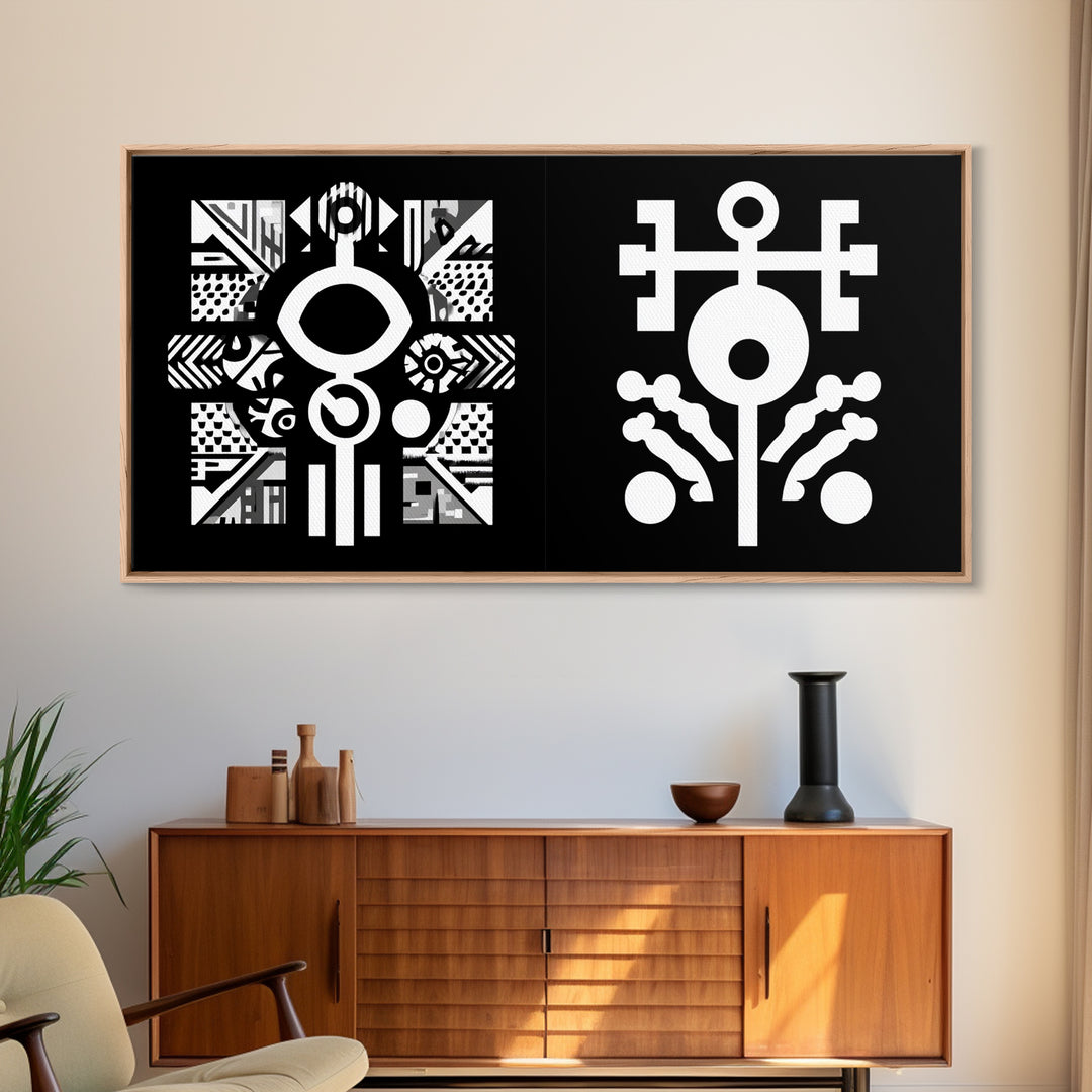 Black And White Adinkra Symbol Wall Art, African Tribal Abstract Canvas Print, Geometric Spiritual Decor, Bold Pattern Gift