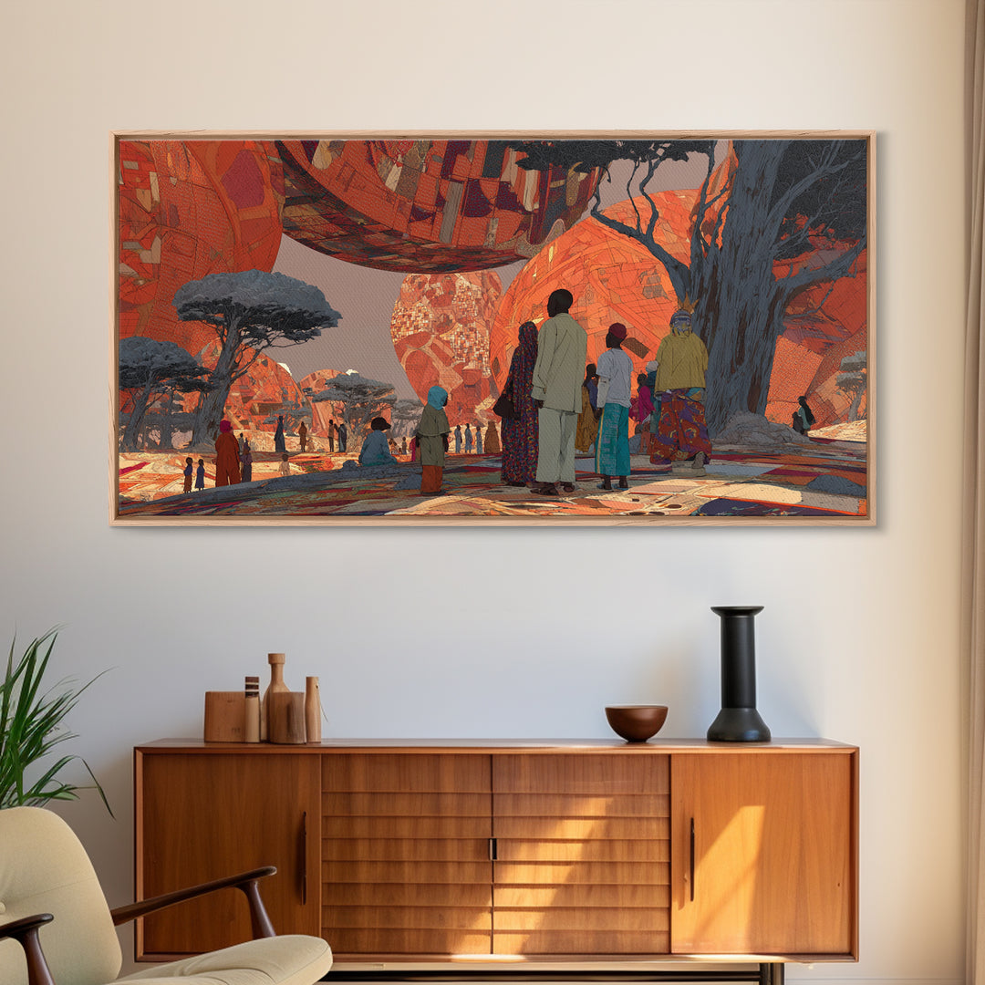 Futuristic Orange Baobab Village Wall Art, African Landscape Canvas Print, Afrocentric Safari Decor, Dreamy Cultural Artwork