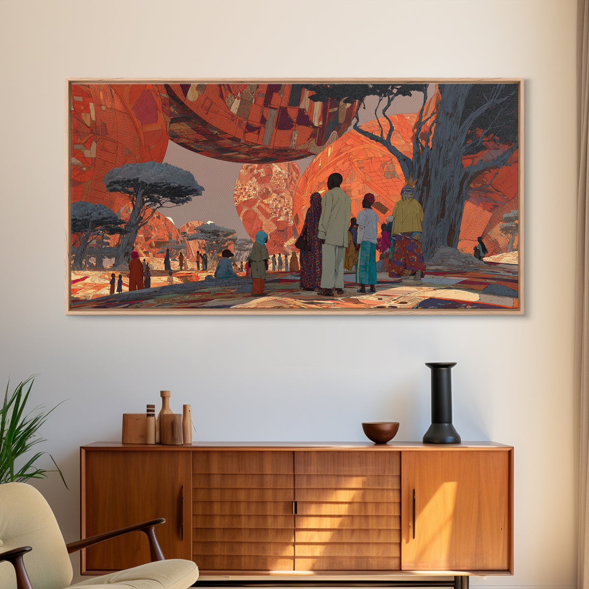 Futuristic Orange Baobab Village Wall Art, African Landscape Canvas Print, Afrocentric Safari Decor, Dreamy Cultural Artwork