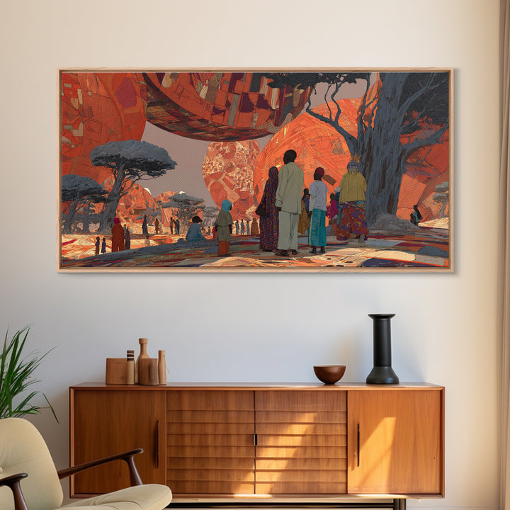 Futuristic Orange Baobab Village Wall Art, African Landscape Canvas Print, Afrocentric Safari Decor, Dreamy Cultural Artwork