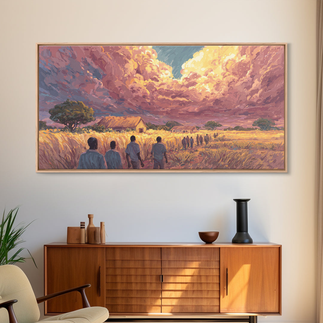 African Village Sunset Walk Wall Art, Rural Landscape Painting, Motherland Decor, African Safari Art, Boho Home Decor Gift