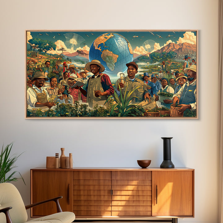 Joyful African Farmers And Floating Globe Wall Art, Afrofuturism Decor, Cultural Art Print, Colorful Africa Poster Print